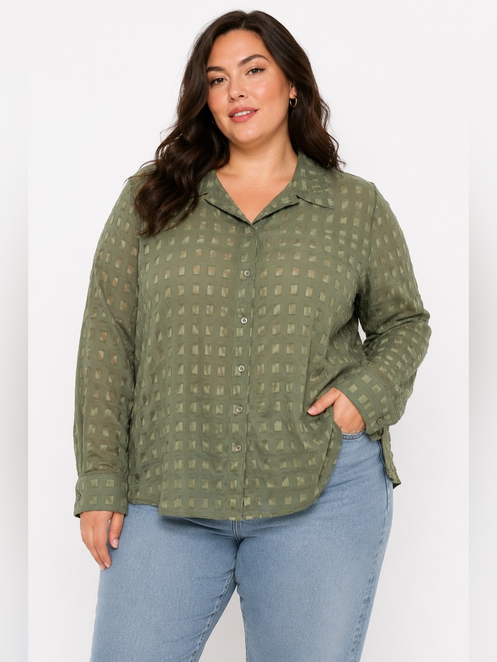 Y2K Patchwork Geometric Sheer Button Blouse (Sage Green) Size 2X